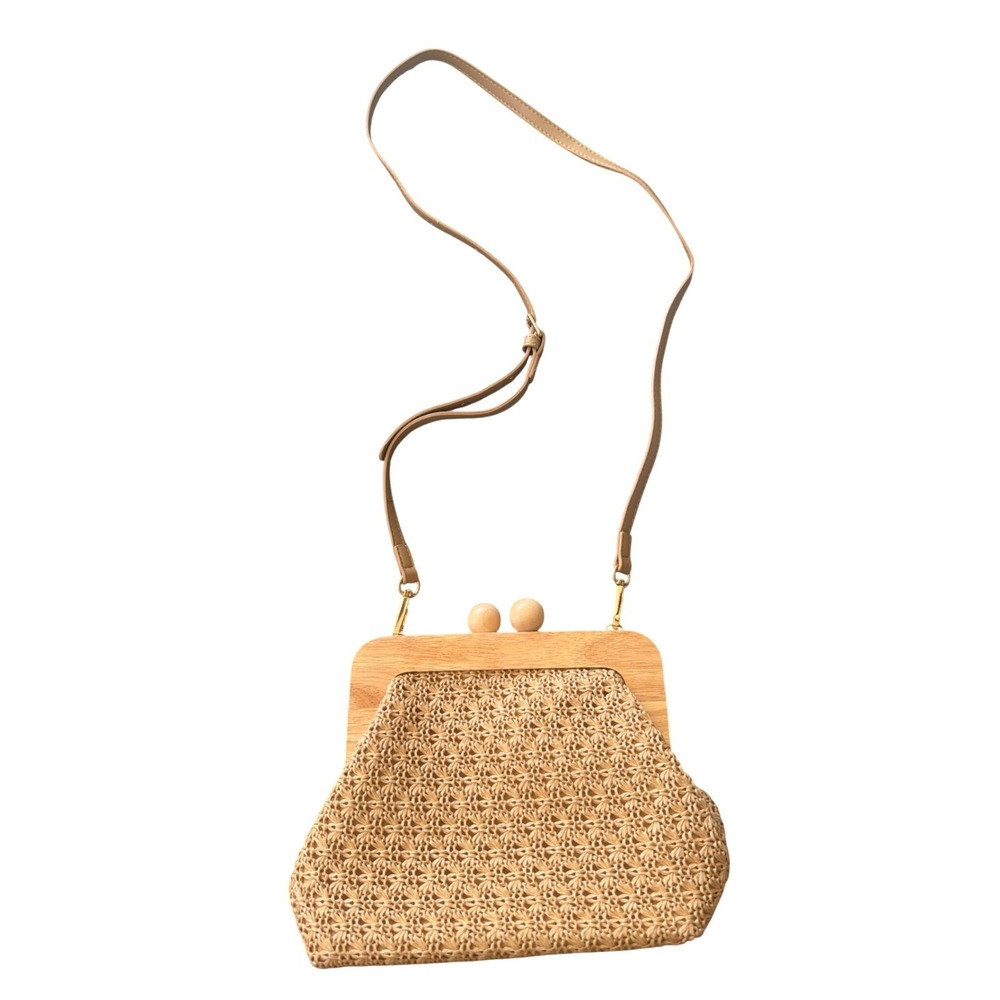 Unbranded Straw Crossbody Bag Womens OS Tan Excellent Woven Wood Kiss Lock Purse